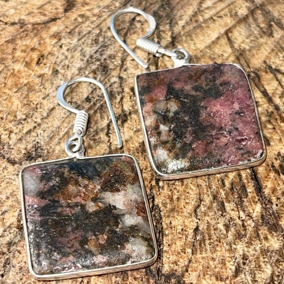 Dainty Square Rhodonite Earrings 1 1/2” - Picture 7 of 10